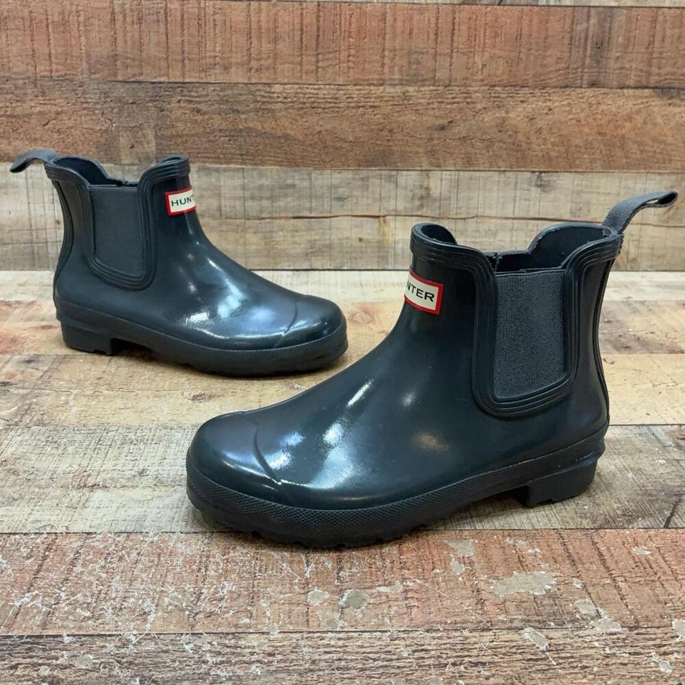 Hunter Rain Boots Womens Size 7 38 Black Rubber Ankle Chelsea Waterproof Pull On